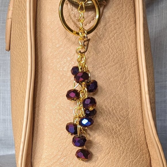 PLUM PURPLE & GOLD BEADED KEYCHAIN PERSONALIZED LETTER J CHARM FOR HANDBAG/ TOTE - Picture 1 of 7